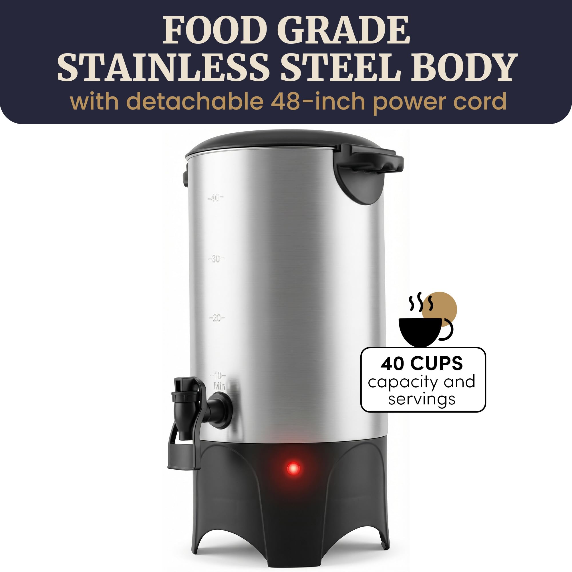 Elite Gourmet CCM040 - Urna de café (acero inoxidable, filtro extraíble para una fácil limpieza, dispensador bidireccional con asas frías al tacto, urna eléctrica para cafetera