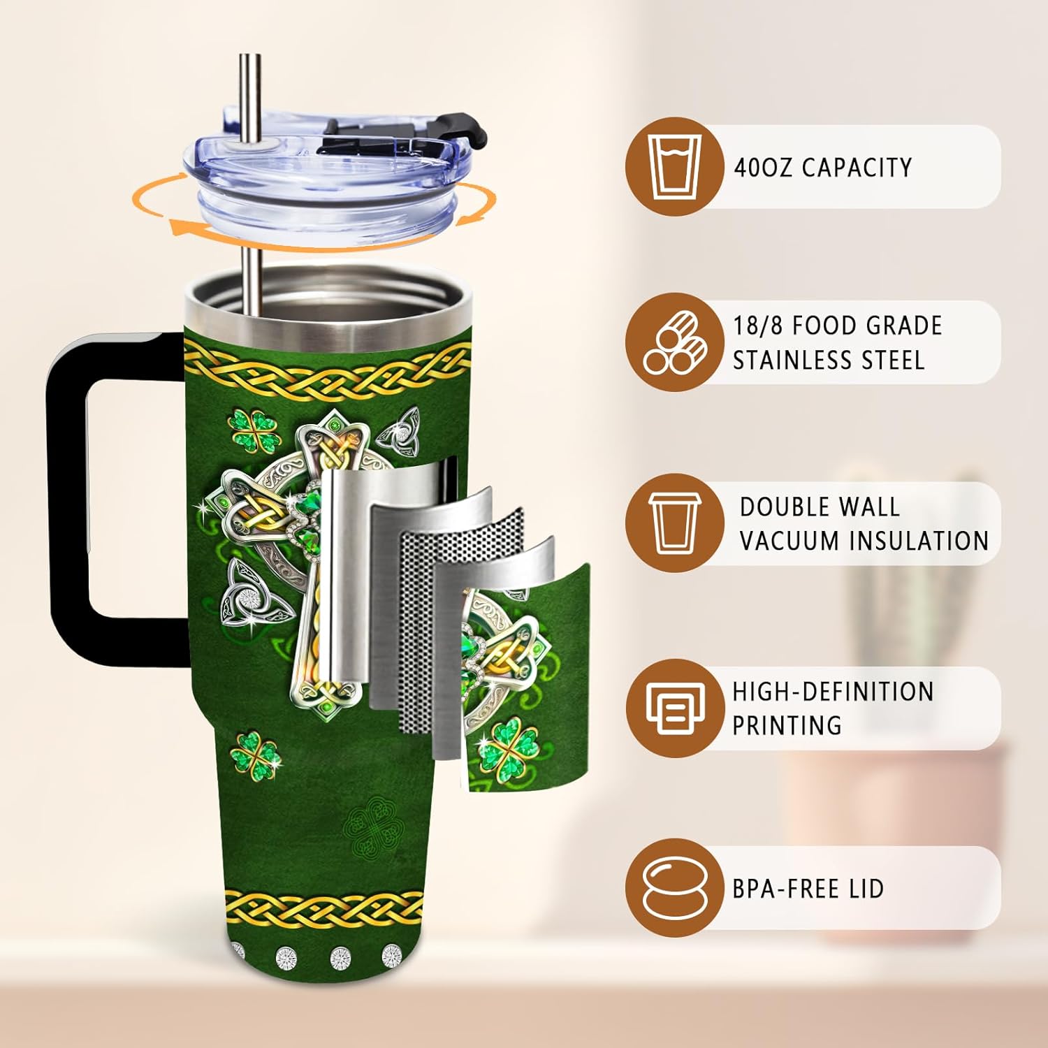 DUUV Funny Irish Gifts for Women Men, In My Veins Flows the Blood of Irish Rebels St Patricks Day 40 Oz Tumbler, Christmas Thanksgiving Birthday Gifts for Irish Men Husband Dad Family, 1PCS - Image 4