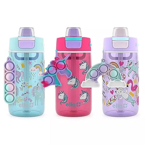 Ello Colby Pop! Botella de agua Tritan de 14 onzas para niños con juguete para ansiedad, paquete de 3 (Sky High)
