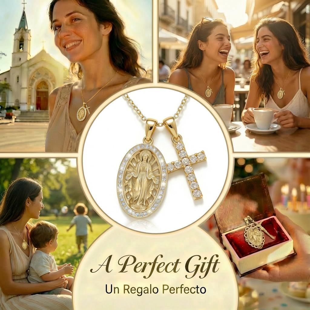 Two-Piece 14K Gold Plated Religious Necklace Set/Virgin Mary Medal and Diamond Cross Pendant S925 Sterling Silver Catholic Marian Devotion Baptism Gift for Women (Collar de la Virgen María)