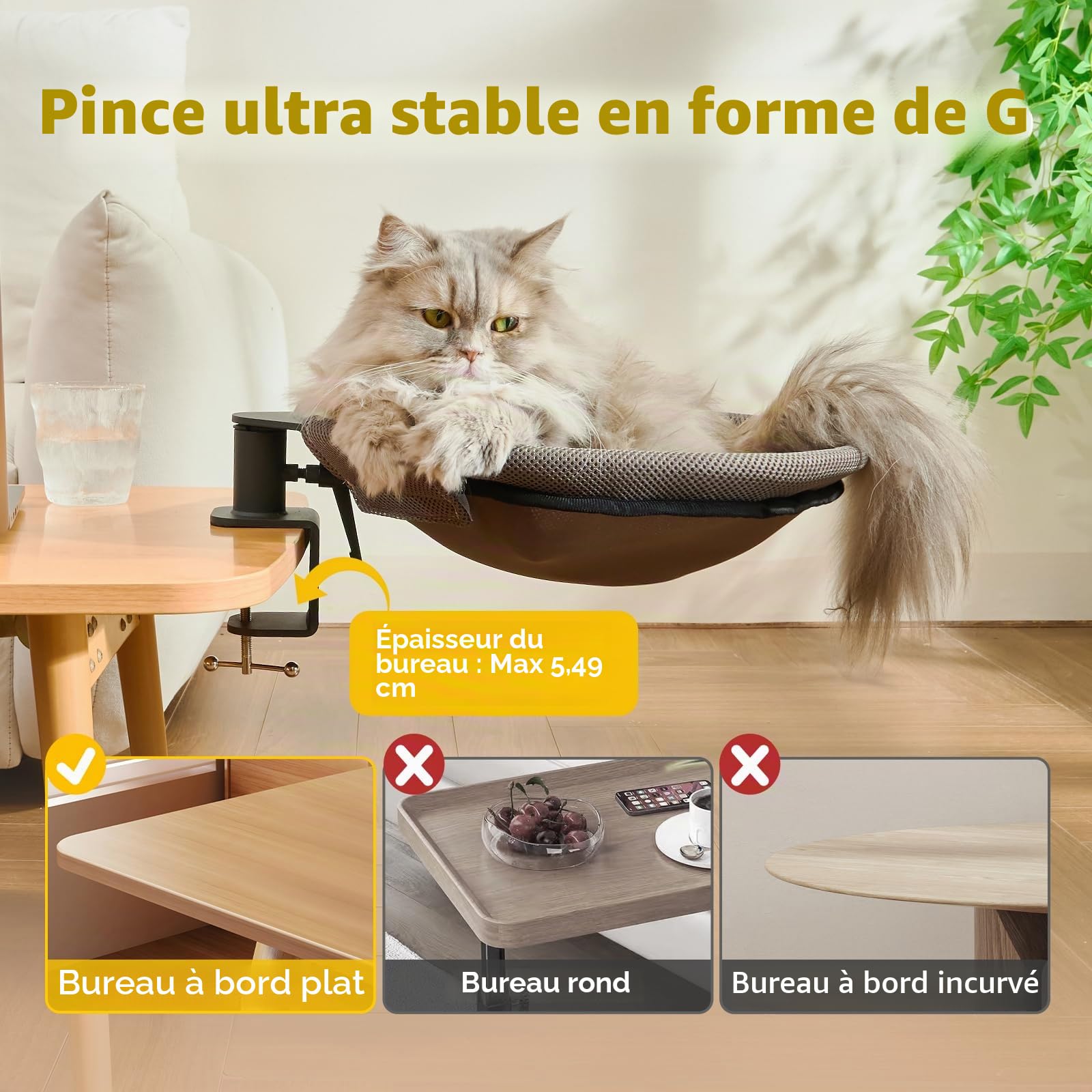 CATISM Lit de Bureau pour Chat Rotation de 360° Lit pour Chat avec 2 Tapis remplaçables Hiver/été Hamac pour Votre Bureau 36 * 38cm Jusqu'à 20kg