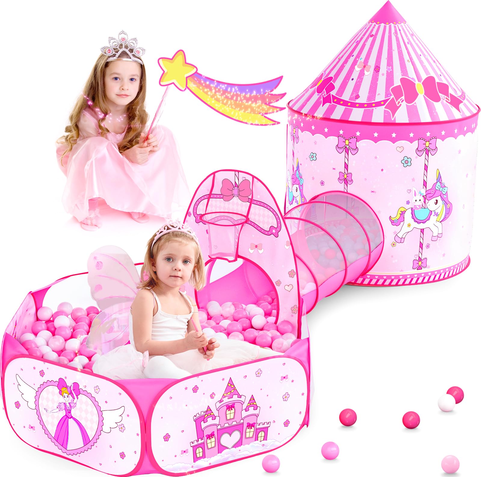 Tienda de campaña de princesa 3 en 1 para niños: casa de juegos desplegable para niños pequeños con túnel de gateo, piscina de pelotas y tienda de campaña de castillo, juguetes de tienda de campaña 8