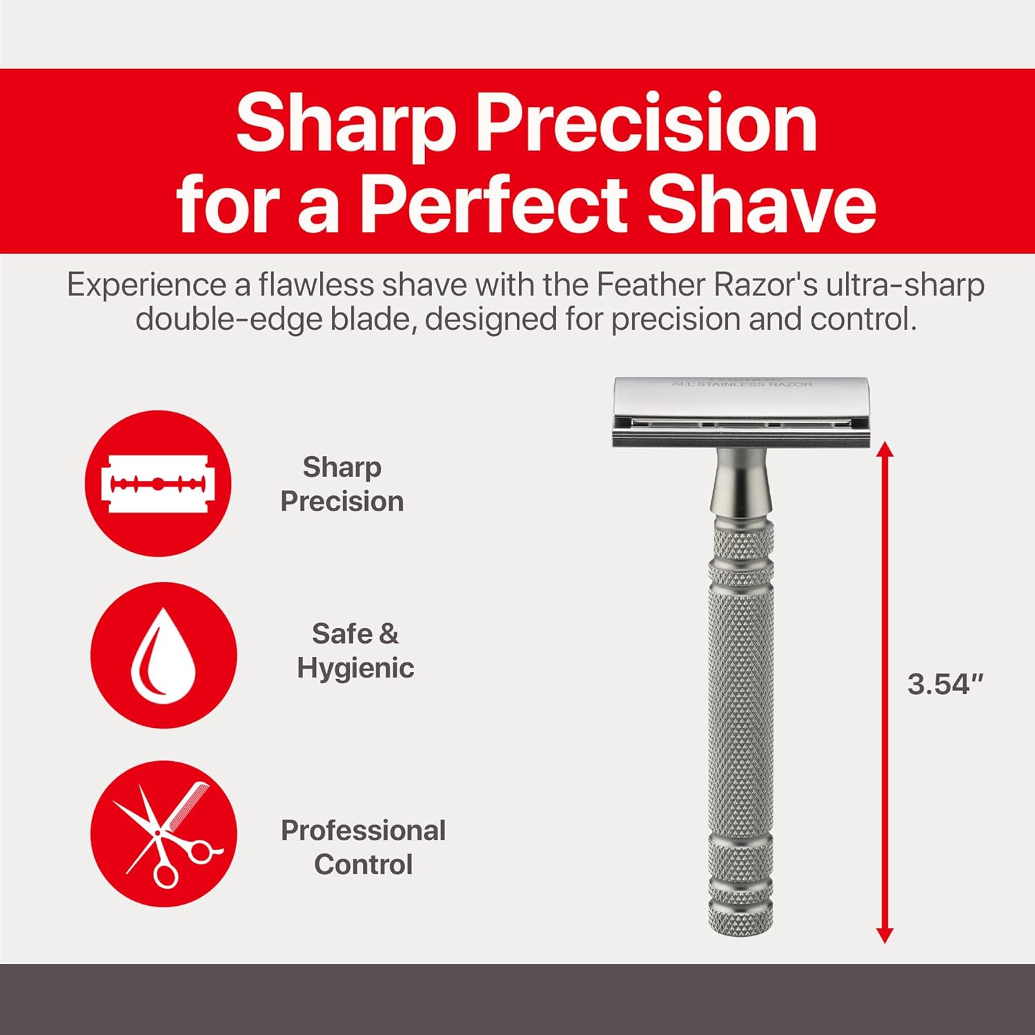 Feather - All Stainless Steel Double Edge Safety Razor AS-D2 - Luxurious Single Blade Razor for Men with Heavy Weight Handle - Built for Closer Shave - Includes 5 Hi-Stainless Blades - Made in Japan