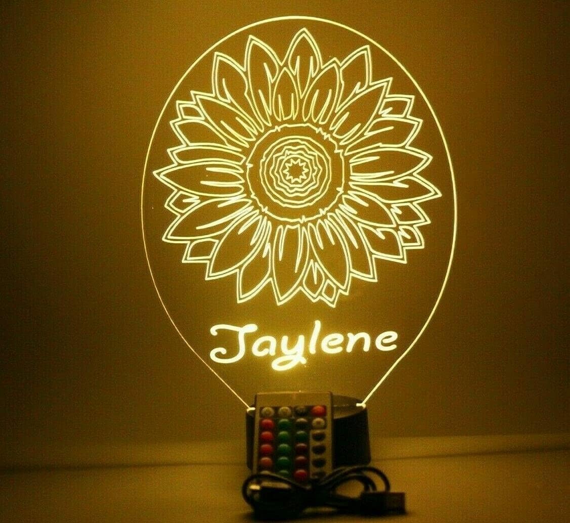 MIRROR MANIA Sunflower Forget-Me-Not Flower Night Light Up Lamp LED Free Engraved Custom Name Personalized Table Desk Lamp, with Remote, 16 Different Color Options, Dimmer, It's Wow, Great Gift