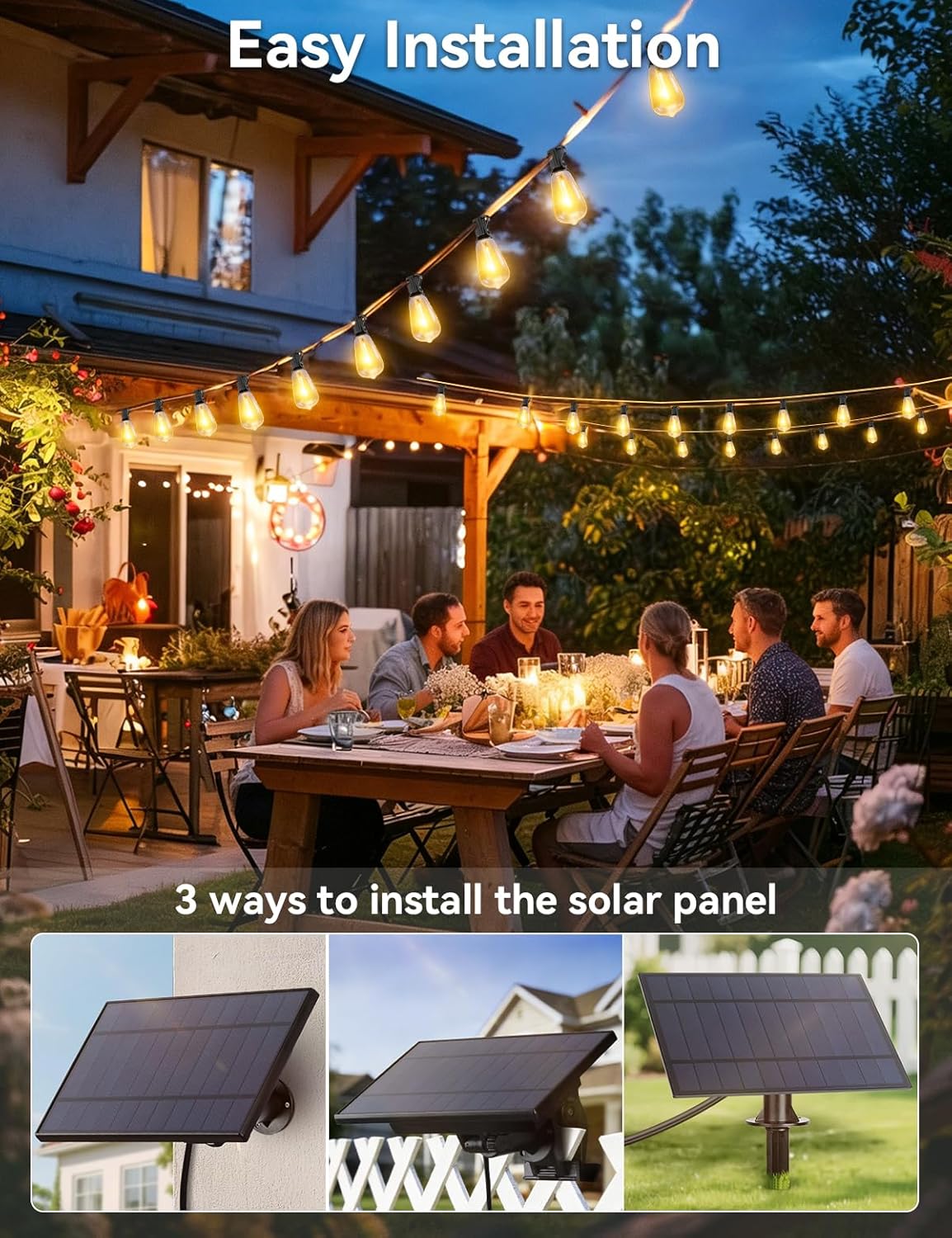 Brightever 60FT Solar String Lights Outdoor Waterproof, Patio Lights Solar Powered with Remote, 25+1 Shatterproof ST38 LED Bulbs 3 Lighting Modes, Dimmable Solar Lights for House, Market, Bistro