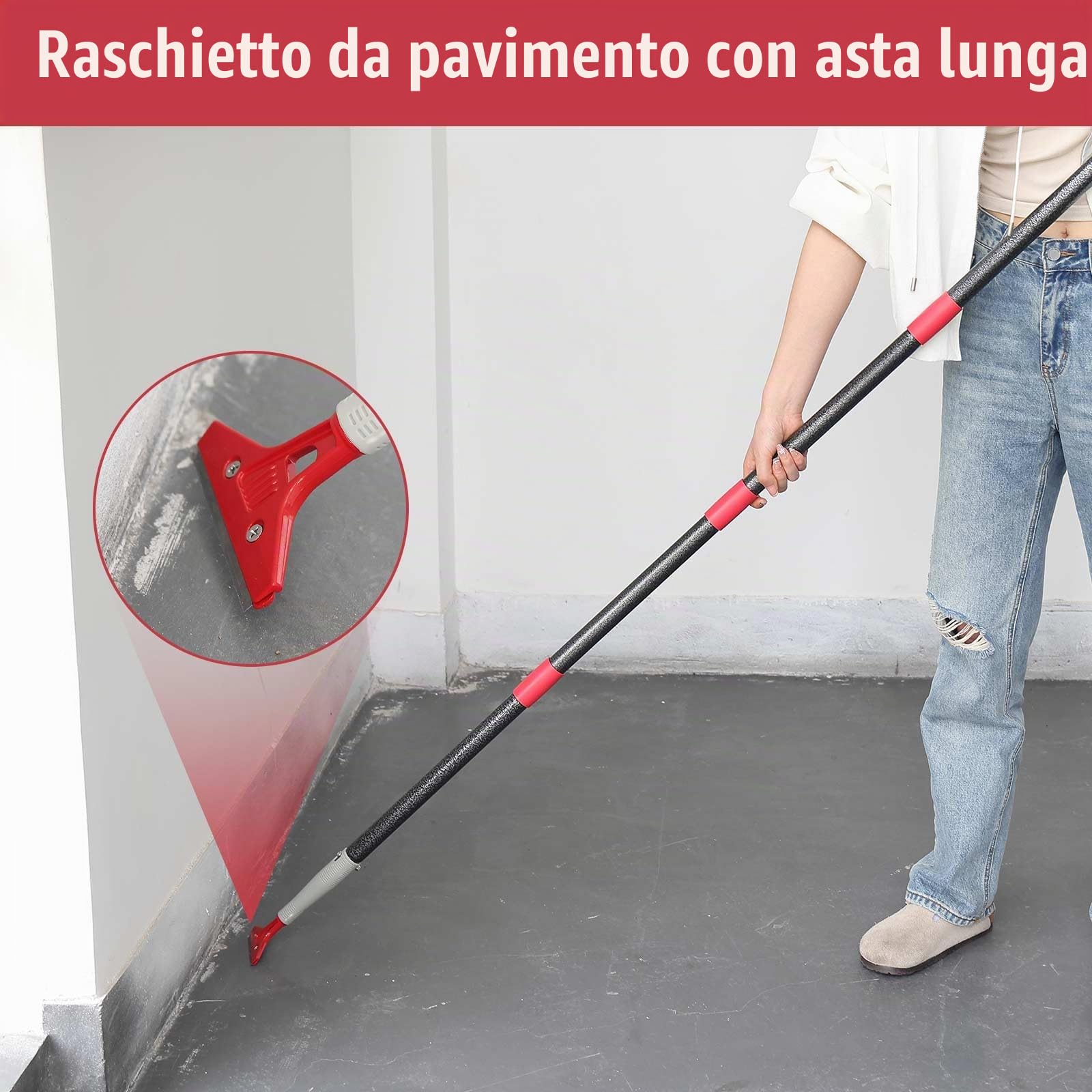 Raschietto con manico lungo, raschietto per vetro con 10 lame extra in metallo, raschietto multiuso resistente per finestre, pavimenti, pareti, stufe, vernice, etichette, adesivi