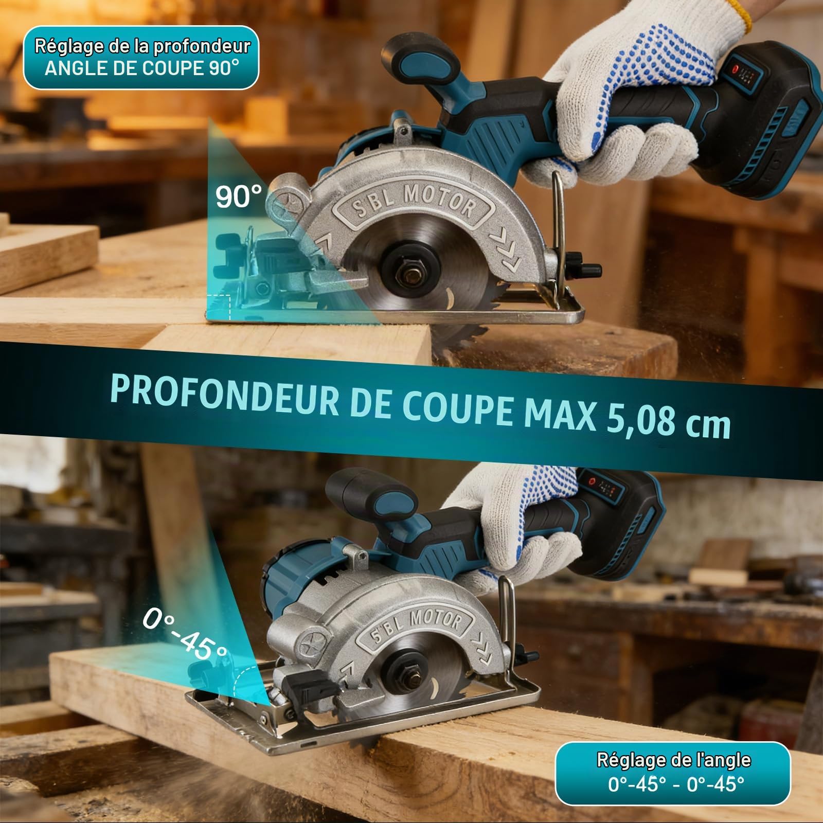 Mini scie circulaire sans fil 7000 tr/min sans balais pour batterie Makita 18 V avec 2 lames de scie (125 mm), scie circulaire manuelle Angle de coupe réglable pour couper le carrelage et le bois