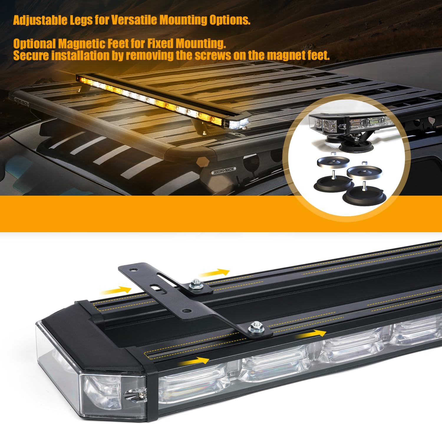 LUMENIX 38 Inch Rooftop Strobe Emergency Lights Bar Magnetic Mount Warning Flashing LED Traffic Lightbar w/Alley& Take Down Light, for Construction Vehicles Work Tow Trucks Snow Plows - White Amber