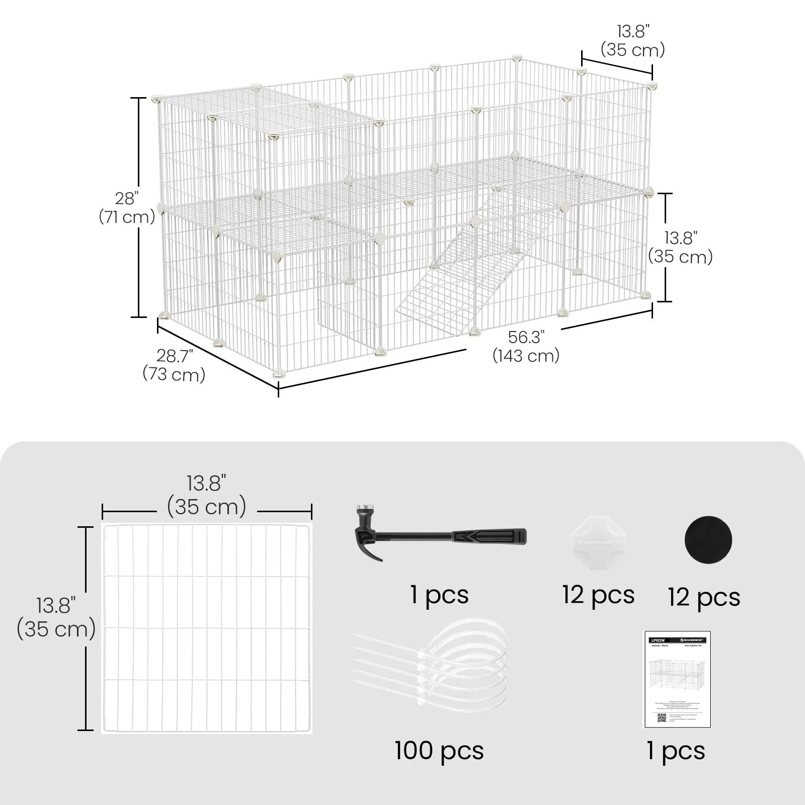SONGMICS Recinzione per animali domestici 2 livelli modulare 143 x 73 x 71 cm Bianco LPI02W