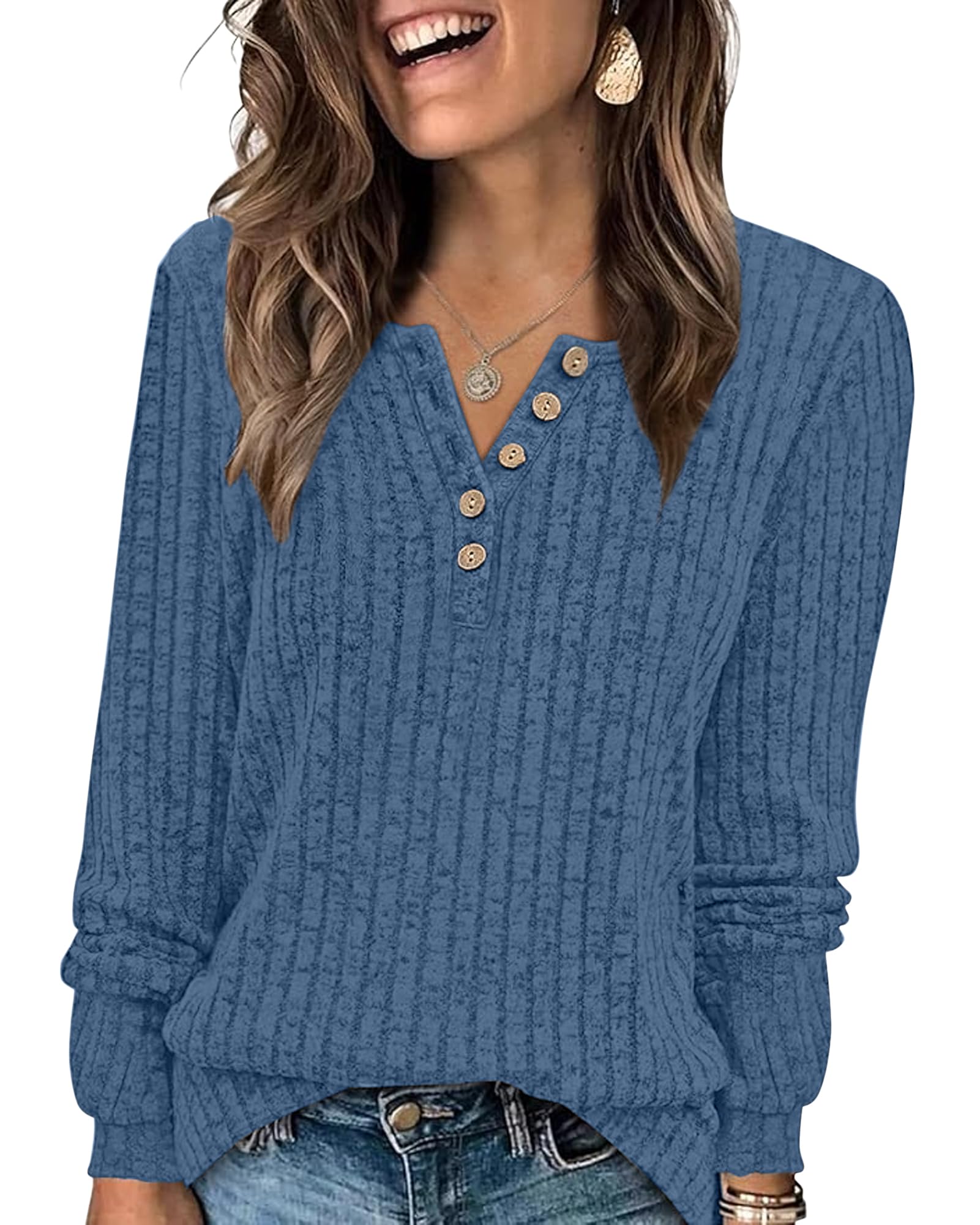 MISFAY Lightweight Sweaters for Women Lantern Sleeve Henley Tshirt Fall Casual Crewneck Button Tunic Tops