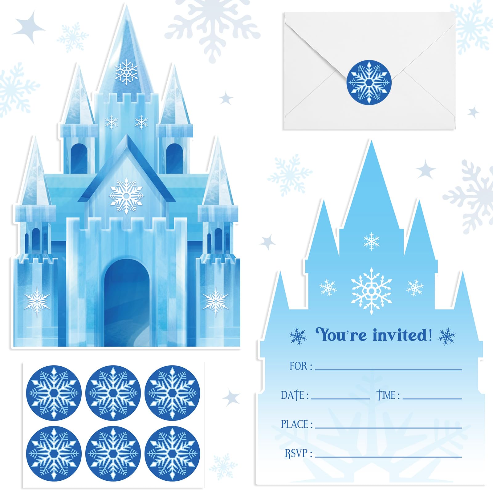 Humyoun 30 Sets Snowflake Castles Christmas Birthday Invitations with Envelopes Stickers Winter Snow Themed Invitations for Girl Kids Birthday Party Supplies Decoration