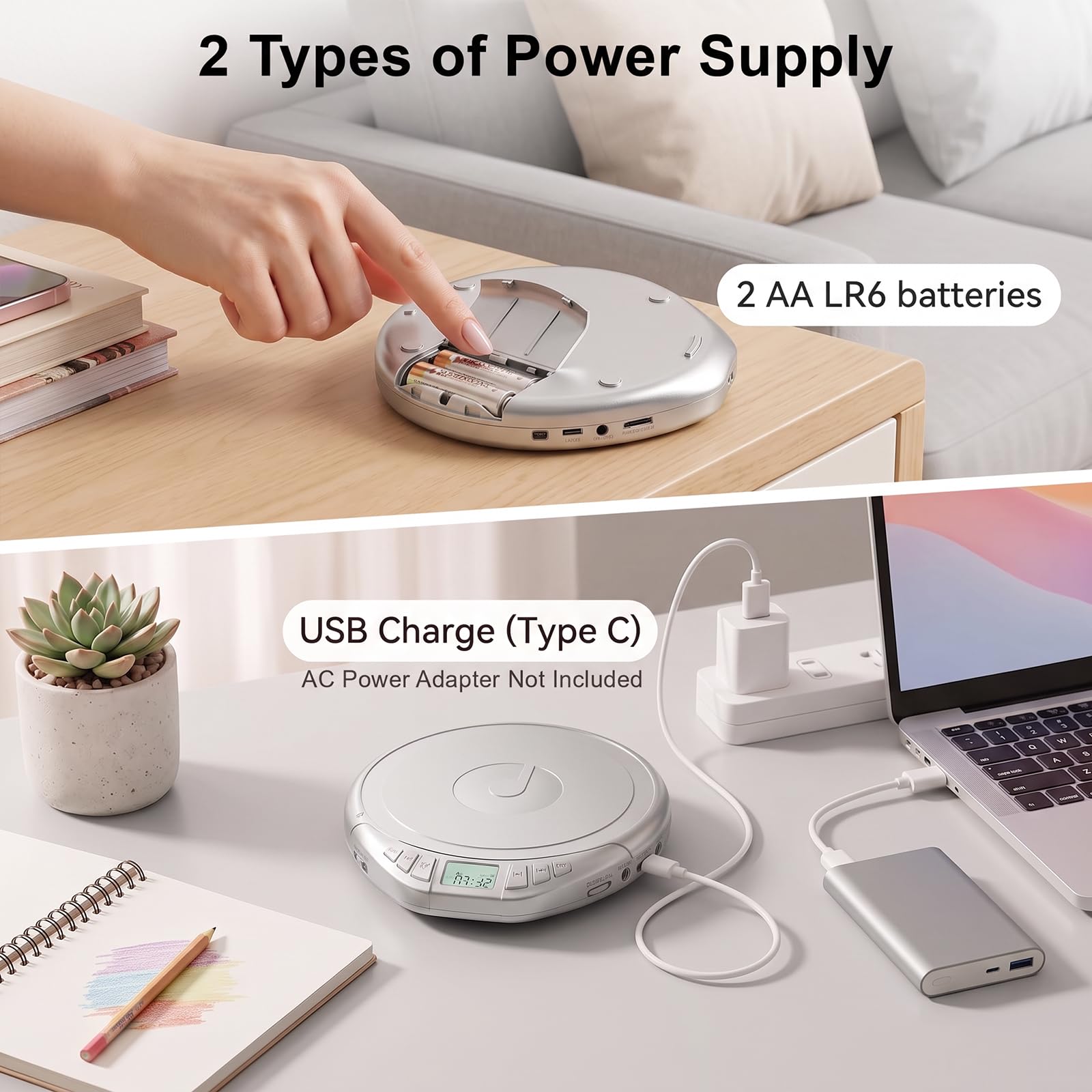 Gueray Lettore CD portatile con auricolari, CD Discman per auto e casa, con protezione anti-skip antiurto, lettore CD personale Discman con display LCD, supporta la funzione di memoria PROG (H-01