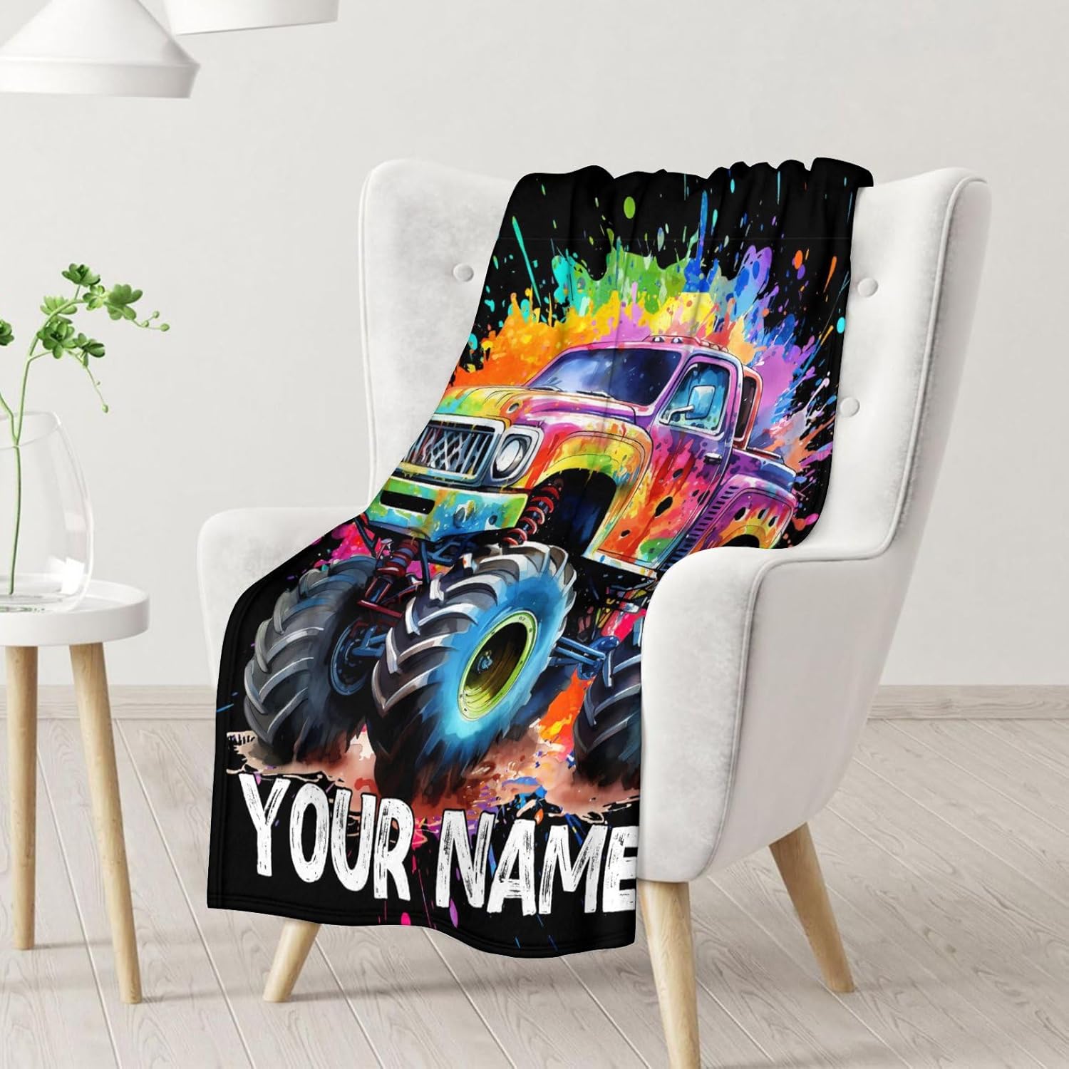 Custom Boys Blanket Gifts, 60x50 Inches Cartoon Truck Throw Blanket for Kids, Black Cool Soft Fuzzy Blankets for Bed, Couch, Personalized Gift Idea