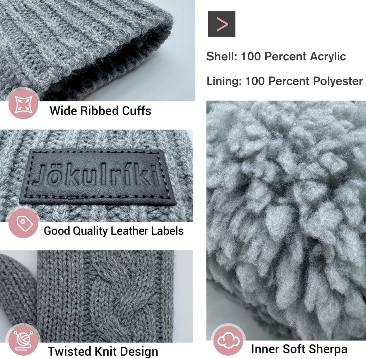 Touchscreen Mittens for Women Sherpa Lined Cold Weather Chunky Cable Knit Mitt - Image 3