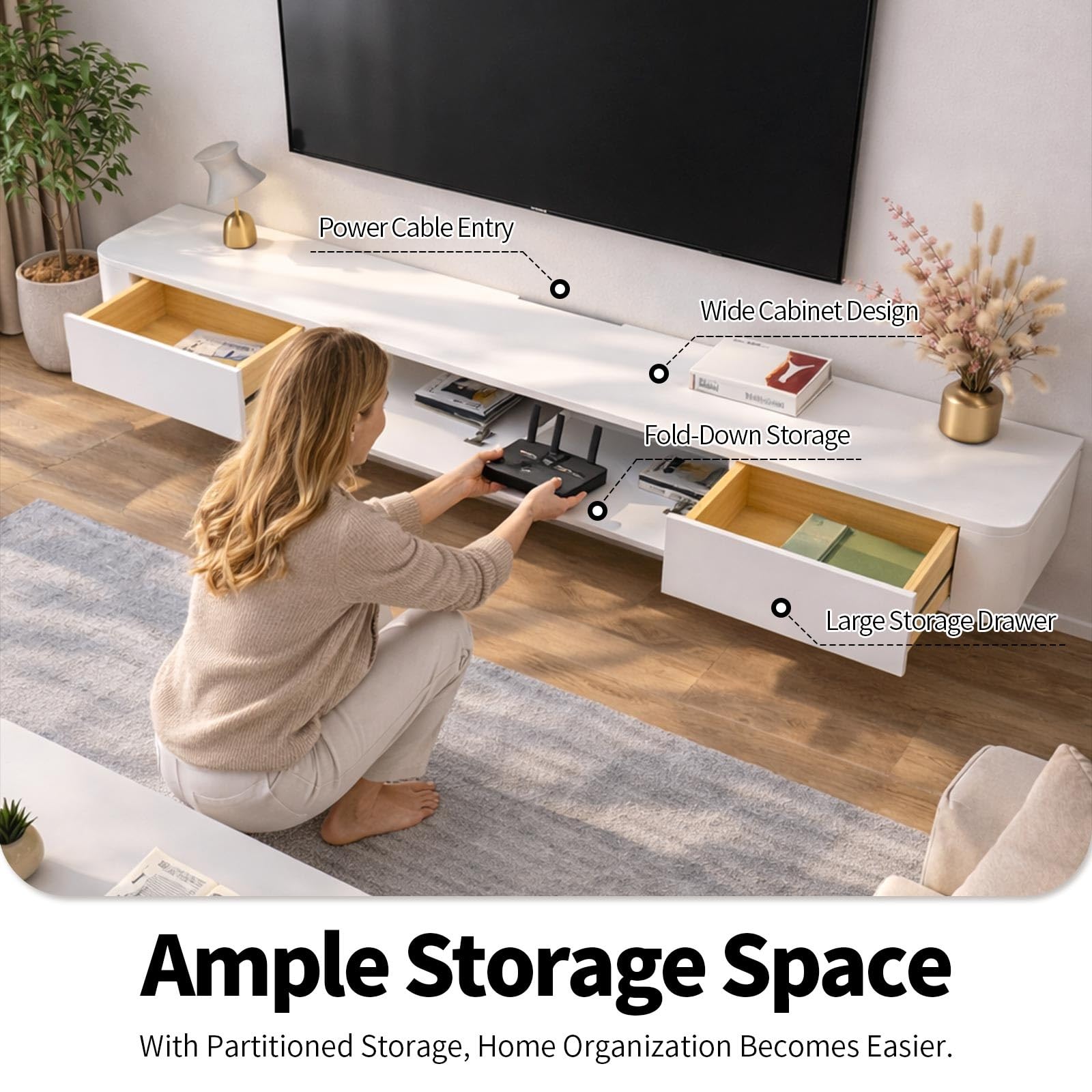 Modern Floating TV Stand with Storage Wall Mounted Media Console Entertainment Center for 47-118 Inch TV Solid Wood TV Cabinet with Drawers & Shelves for Living Room Bedroom(Rock White led,47.2IN)