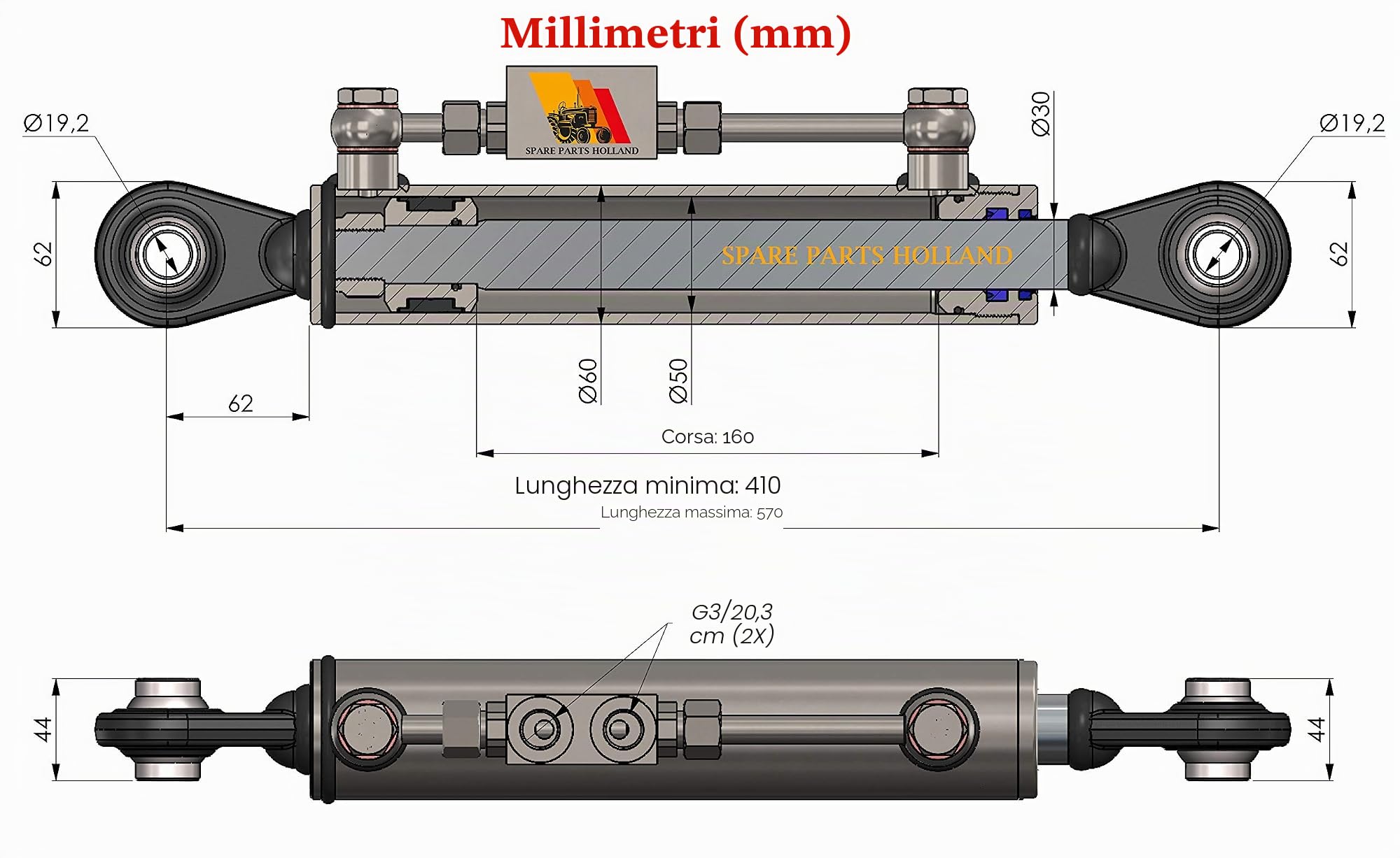 Terzo punto idraulico per trattore 410-570 mm 2 tubi
