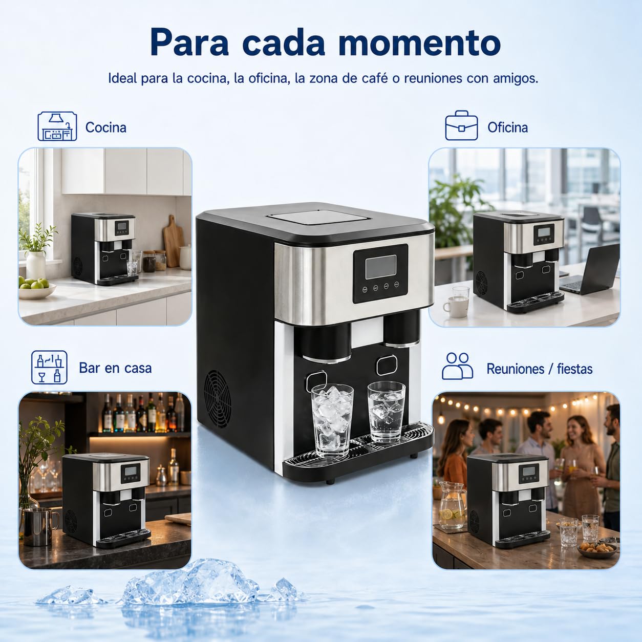 Macchina per cubetti di ghiaccio piccola 3 in 1, macchina per cubetti di ghiaccio con ghiaccio tritato, ghiaccio bullet e acqua fredda, autopulente, per casa, ufficio, gastronomia