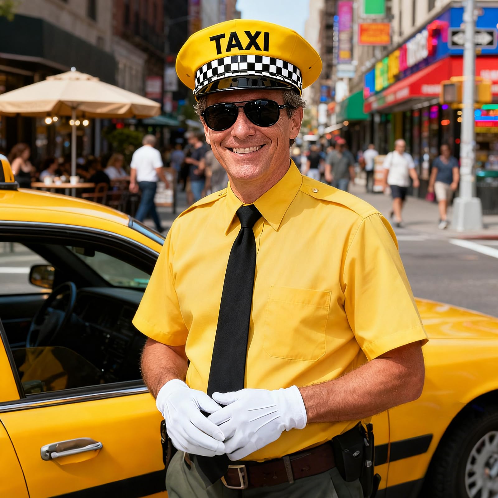 4pcs Chauffeur Costume Accessories Set,Taxi Driver Costume Set including Yellow Taxi Hat Sunglasses White Gloves & Black Tie for Fancy Dress Halloween Stage Performance Role Play & Party Cosplay - Image 4