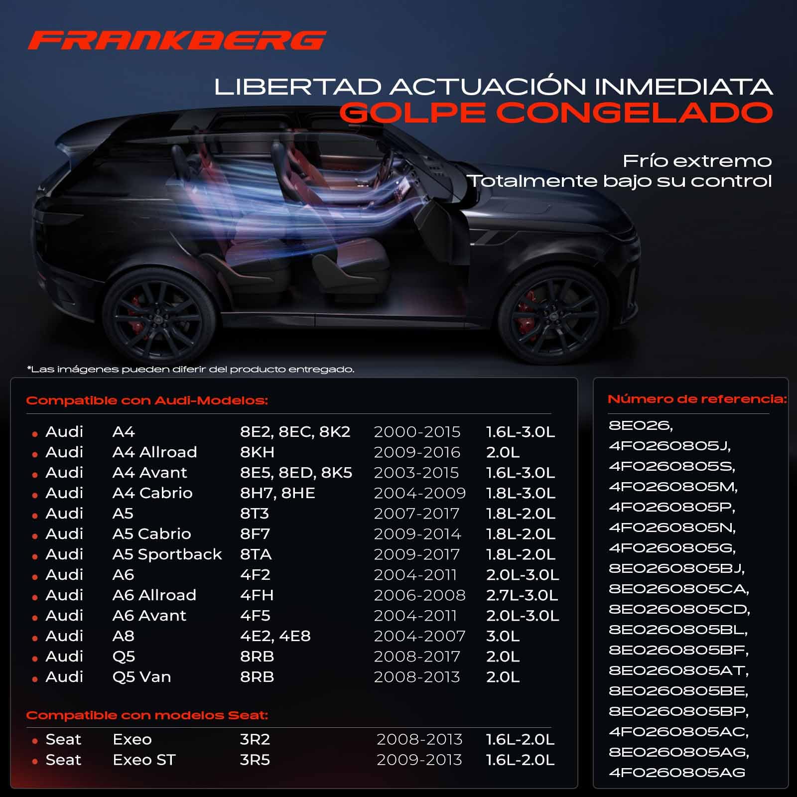 Frankberg Compresor de aire acondicionado con embrague | Compatible con: A4 8EC, Exeo 3R2, Exeo ST 3R5, A4 Cabriolet 8H7 B6 8HE B7, A4 Avant 8ED, A6 Allroad 4FH, A4 8E2