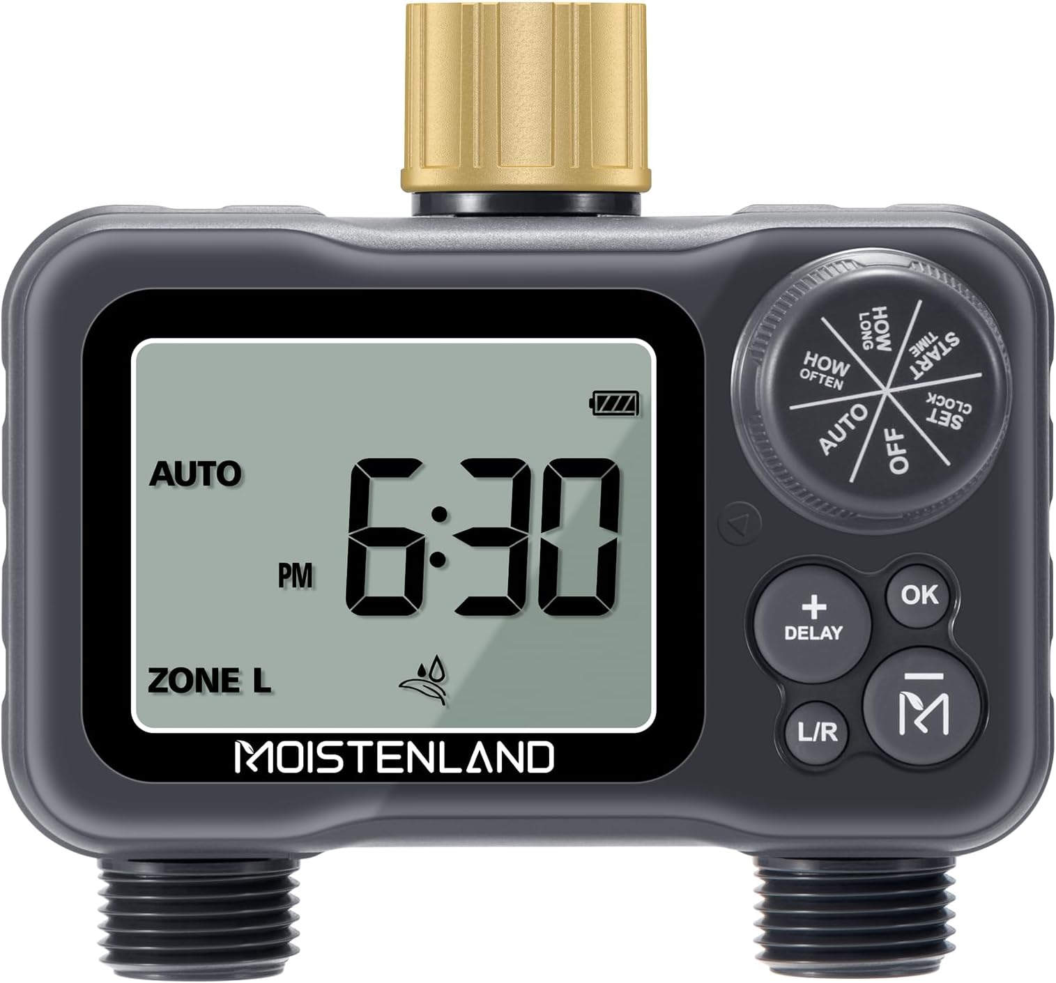 Moistenland Hose Timer with Brass Swivel, Sprinkler Timer with Rain Delay/Manual/Automatic Watering System, Lawn & Garden Watering Equipment, IP54 Waterproof, 3.1 Inches Large Screen, 2 Outlets
