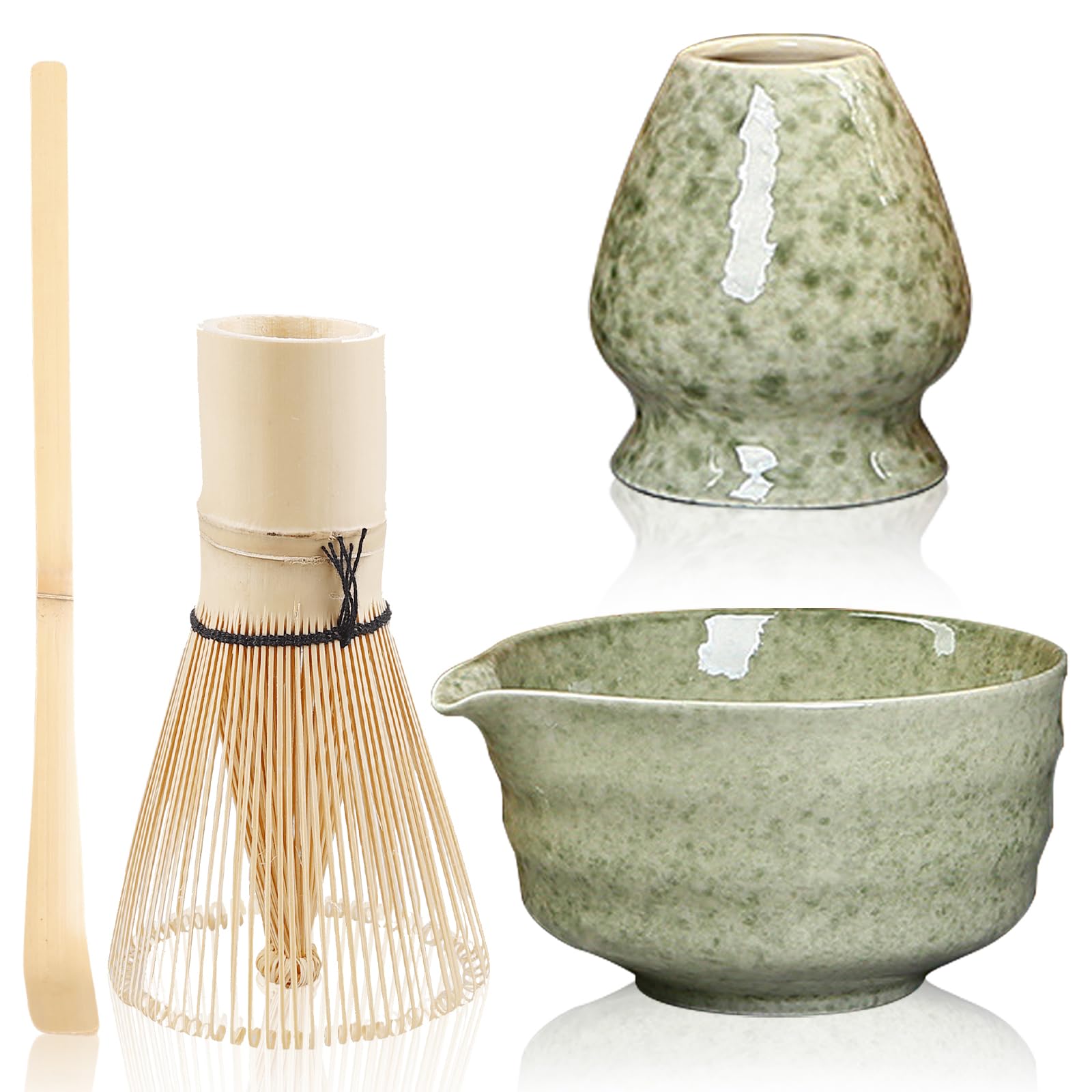 BAIFULAI Set da Tè Matcha di 4 Pezzi, Ciotola per Matcha con Beccuccio, Frusta e Pala per Matcha, Whisk, Kit per Matcha in Ceramica Verde