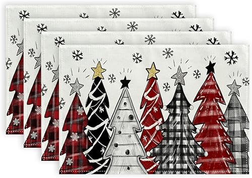 Miniatura 8 de GEEORY Manteles Individuales de Navidad 12x18 Pulgadas Juego de 4, Árboles de Navidad Copos de Nieve Invierno Estacional Vacaciones Estilo Granja