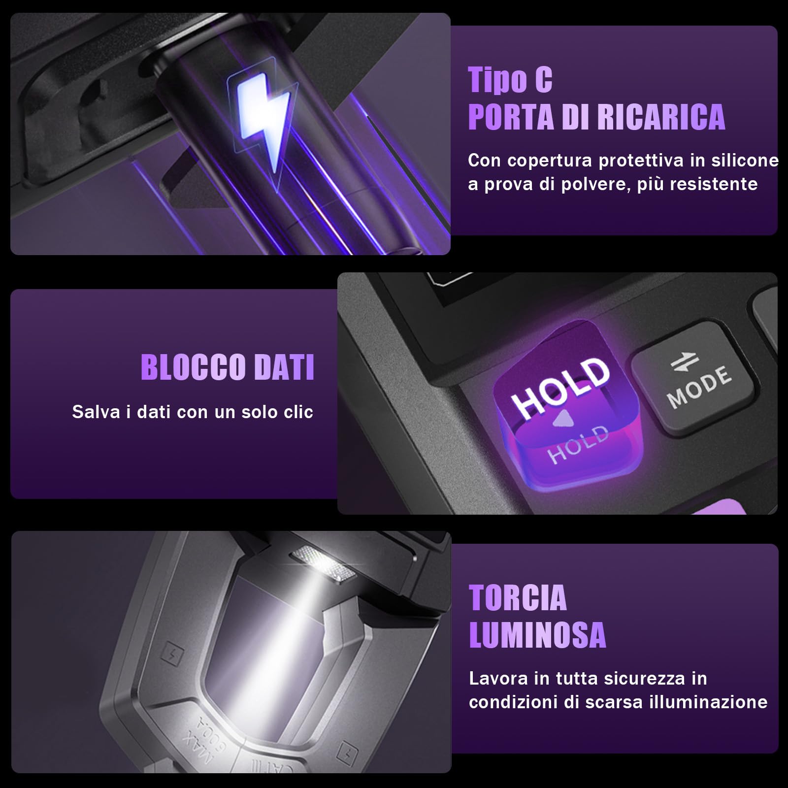 DMC-100 Pinza amperometrica CA/CC, 10000 Conteggi TRMS Multimetro Digitale, 600A Amperometro Ricaricabile con Registrazione Della Curva, Torcia Elettrica, Misura NCV, Resistenza, Capacità, Temperatura