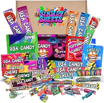 American Sweets Gift Box   USA Candy Assortment, Mix of 50 Chewy & Sour Favorites By Simway Sweets