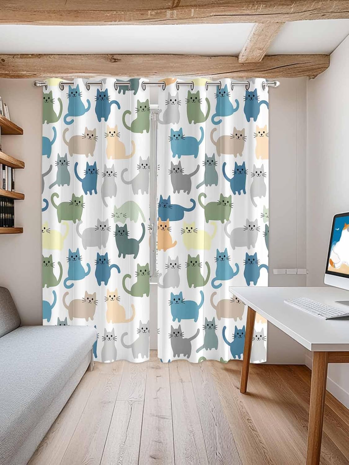 Grommet Window Curtains Cartoon Lovely Cat Print Grommet Top Bedroom and Living Room Curtains, Set of 2 Window Curtain Panels,52 x 96 Inch