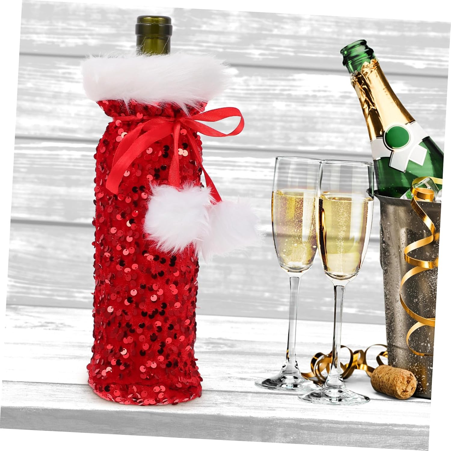 HEATSHAKING Christmas Red Wine Bottle Cover Plush Drawstring Bag Decorative Wine Bottle Decoration for Christmas Party and Dinner Table Decor with Lovely Pattern and Unique Xmas Festival