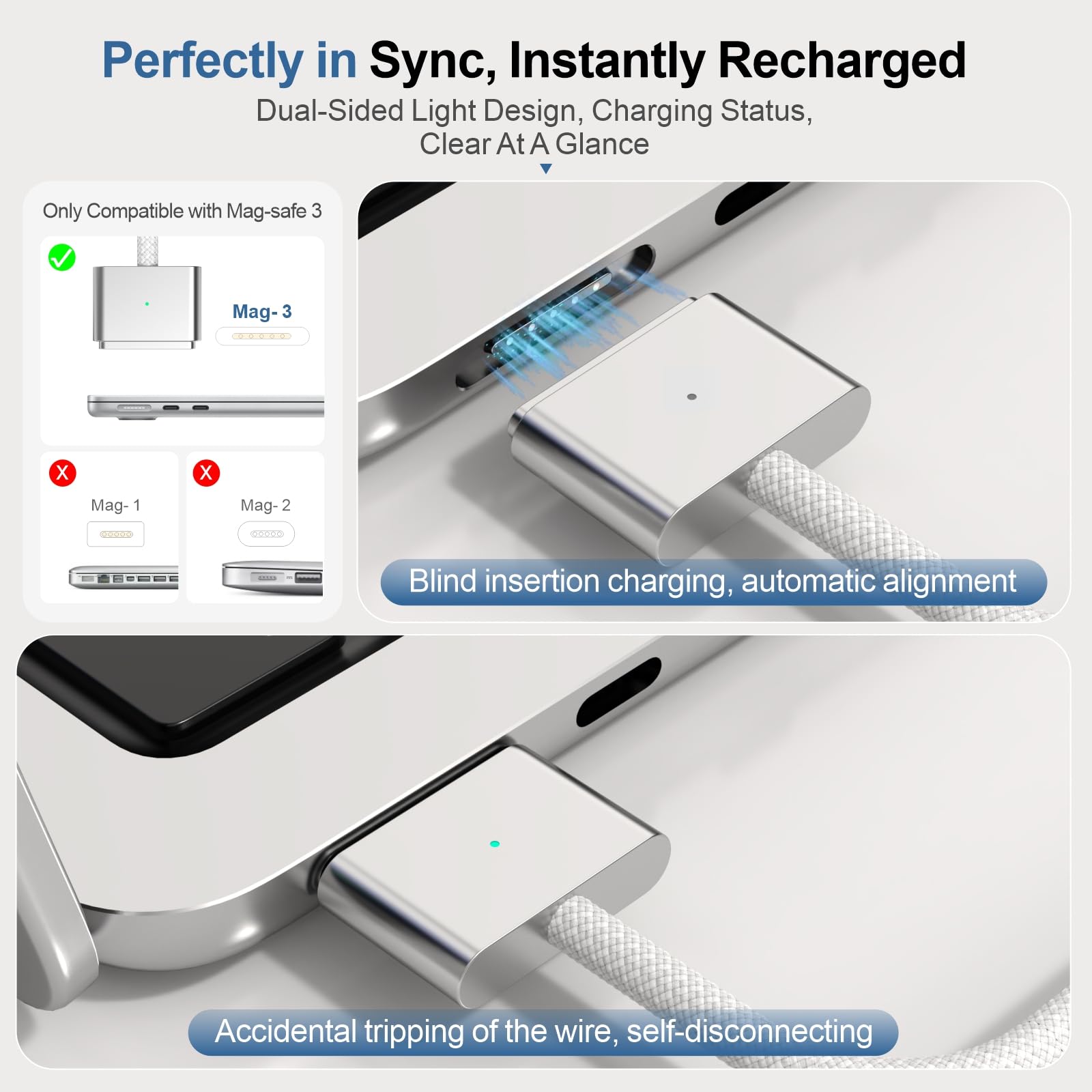 140W USB-C to Magnetic 3 Cable 6.6FT, Compatible with MagSafe 3 for MacBook Pro 14" 16" & Air 13" 15" M4 M3 M2 2021-2025 Fast Charging Cord White - 4