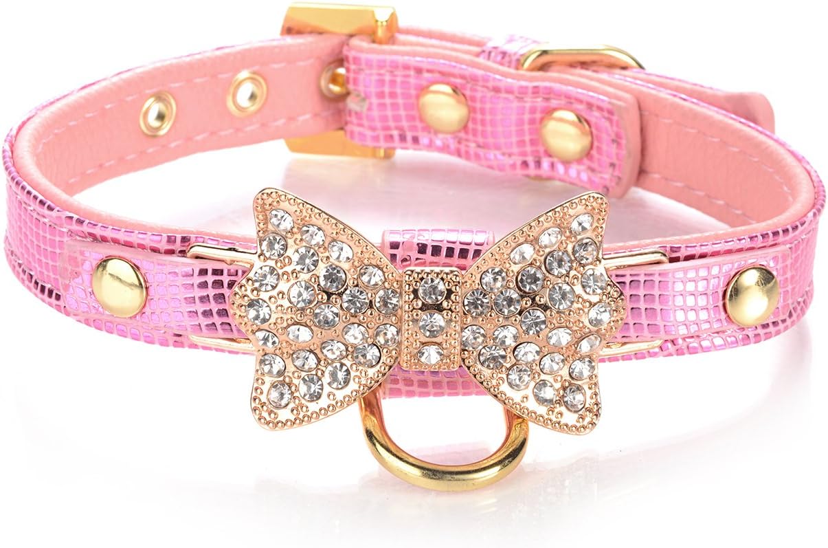 LOVPE Gold Bling Diamond Giltter Leather Fashion Collar with Ring for Tags for Small Dogs,Cat,Puppy and Kitty Walking Travel Party Gifts Tedd, Poodle Dog,Bulldog and Yorkshire Terrier (S, Pink)