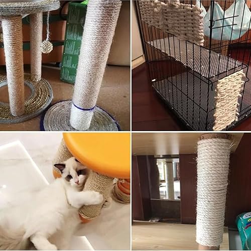 Miniatura 7 de Cuerda de cáñamo de sisal natural de 18 pulgadas (3mm) x 328 pies (100 metros), cuerda gruesa resistente para poste rascador de gatos, árbol,