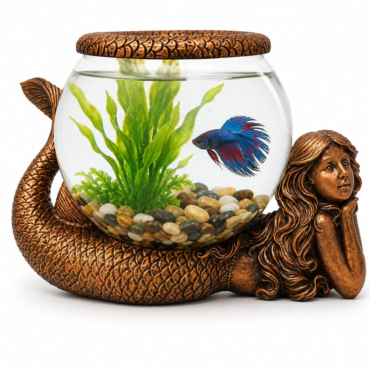 New Mystical Mermaid Decorative Gold Antiqued Glass Fish Bowl Tabletop Aquarium or Terrarium or Candle Holder, New 1 Gallon Size Fish Bowl with River Rocks