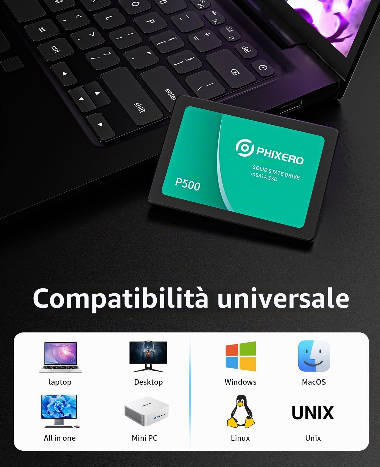 PHIXERO P500 SSD 256GB 2,5 Pollici SATA III Disco SSD Interno per PC Portatile, Fino a 550 MB/s, 3D NAND Flash, Avvio Rapido del Sistema