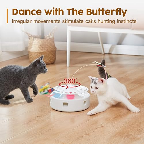 Vista 3 de Potaroma Cat Toys - Juguete interactivo automático 3 en 1 para gatito, mariposa aleteante, pluma en movimiento, bolas de pista, fuentes de Blanco