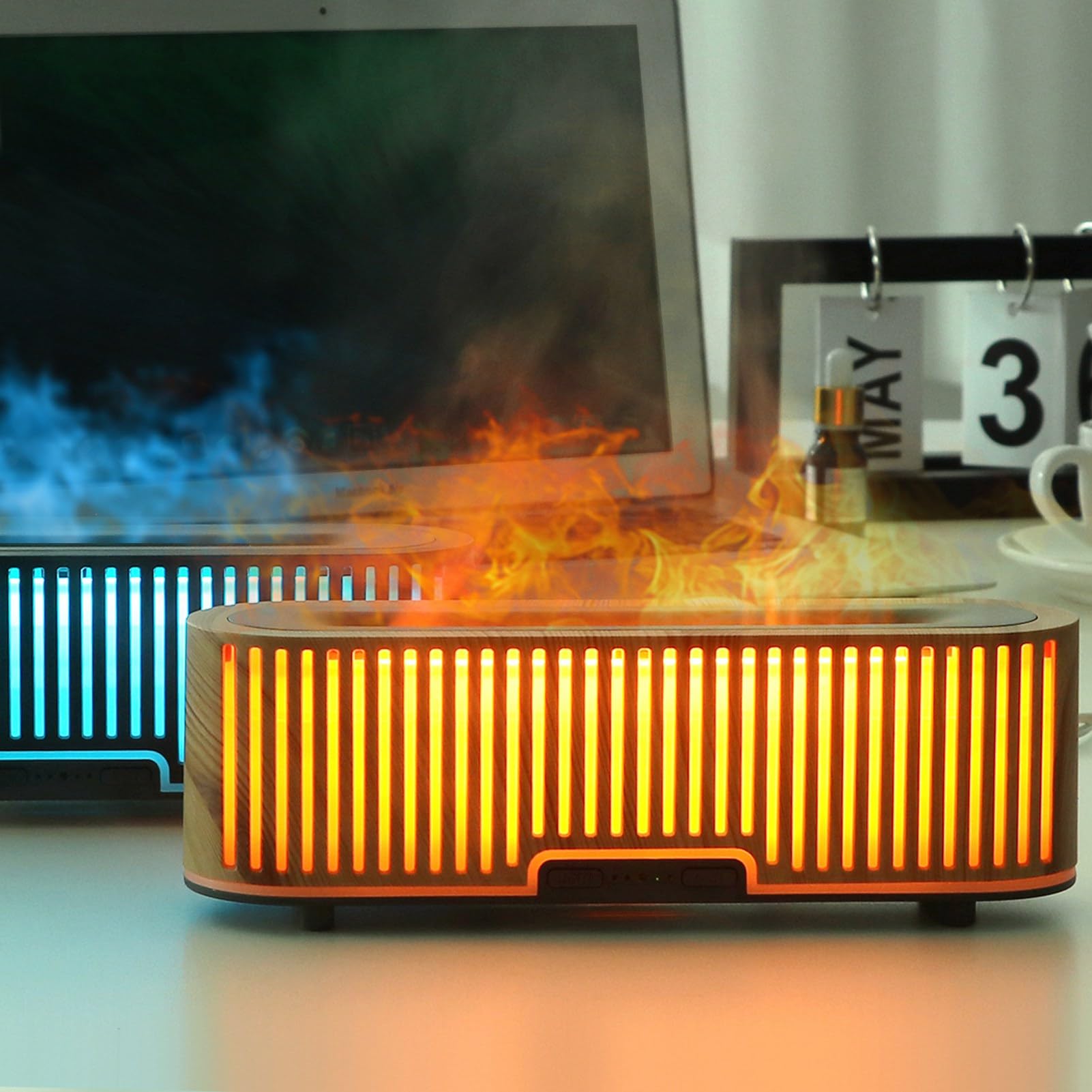 Diffusore di Fiamma 200Ml Venatura del Legno Chiaro, 7 Colori di Luce Ambientale, Tecnologia Ultrasuoni, Diffusore di Oli Essenziali Super Silenzioso per Camera da Letto Ufficio(EU)