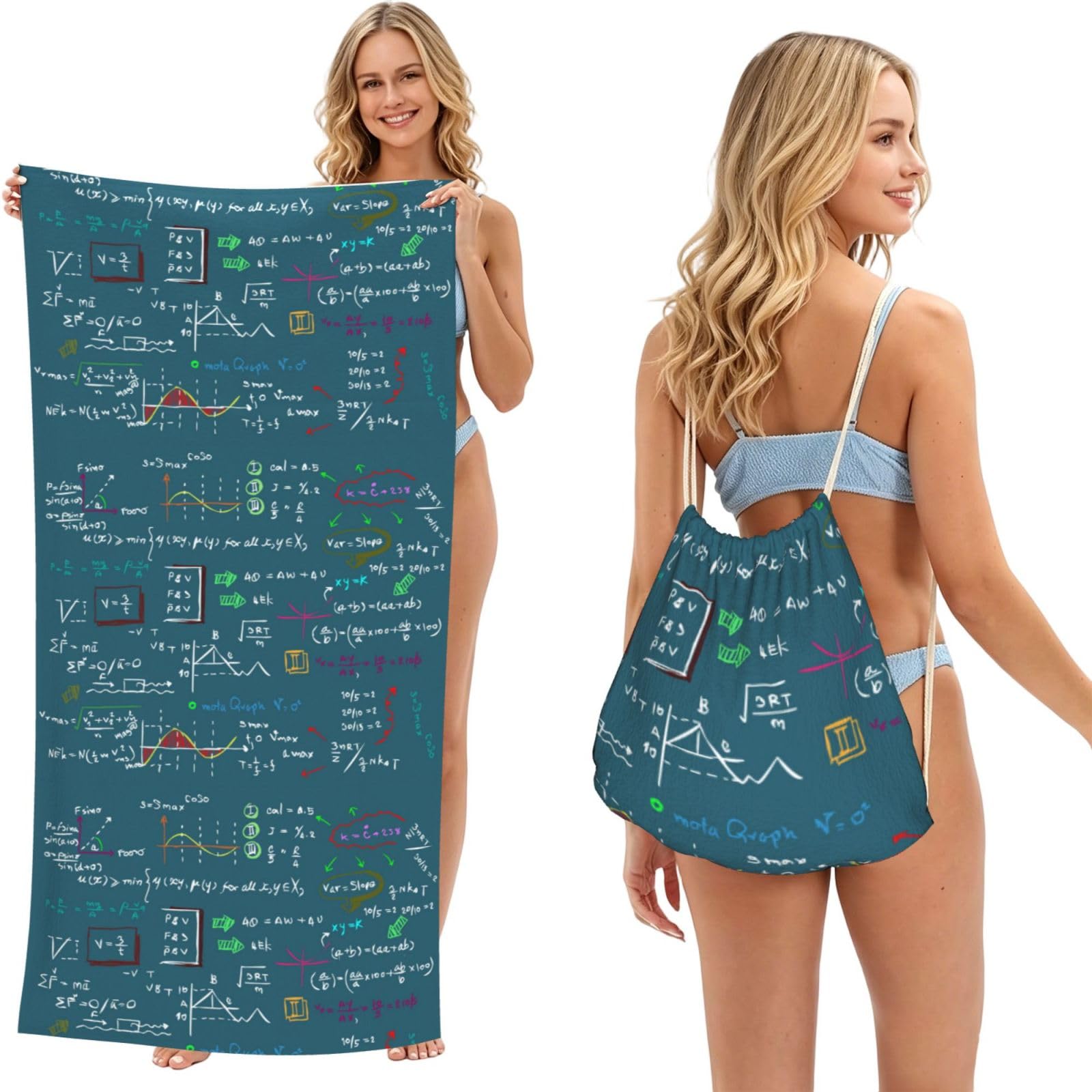 Poadnly As Picture Mathematical Formula Printed, 2 In 1 Packable Towel Bag, Beach Towels With Drawstring Backpack For Travel Holiday Camping