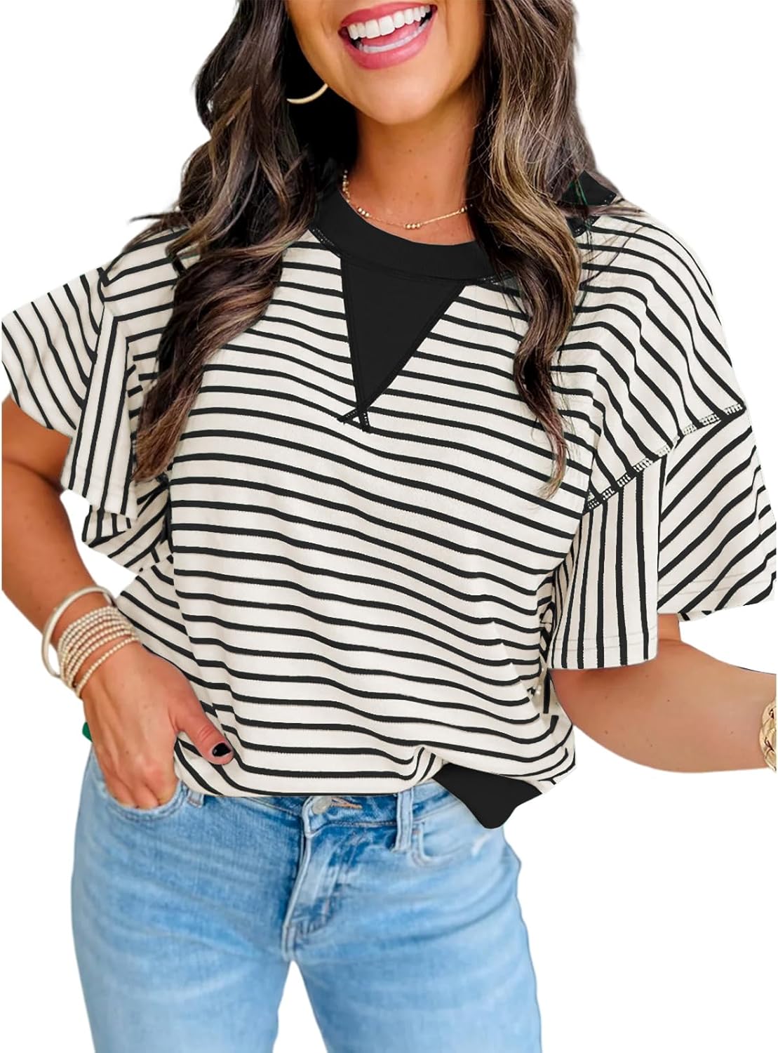 Women's Summer Striped Ruffle Short Sleeve Tops Contrast Colorblock 2025 Round Neck Loose Fit Cute Casual Top Blouse