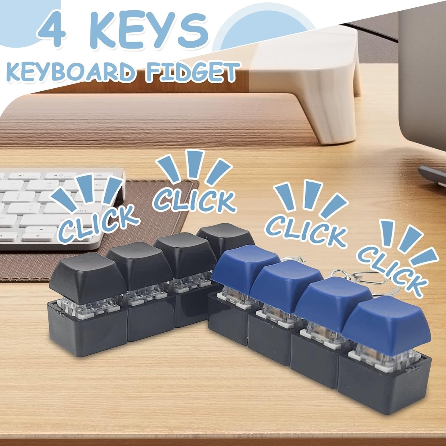 Keyboard Fidget Toys for Adults，Mechanical Button Keyboard，Sensory Toys for Anxiety Stress Relief，Portable Sensory Anxiety Relief Keychain (Black + Blue)