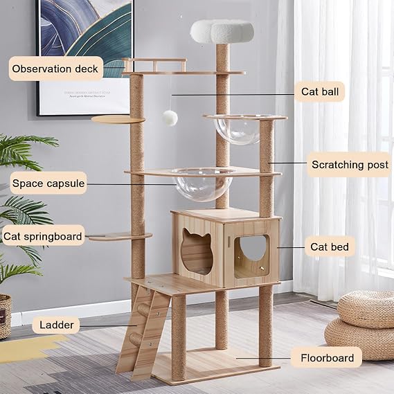 Mdpetpops 170cm Cat Tree for Indoor Large Adult,Cat Tree Tower with Condo, Stairs, 2 Bowl,14 Sisal Scratching Posts, Top Perch, with Padded Platform Bed,Toy Balls,Large cat Tree.B12