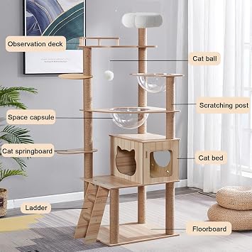 Mdpetpops 170cm Cat Tree for Indoor Large Adult,Cat Tree Tower with Condo, Stairs, 2 Bowl,14 Sisal Scratching Posts, Top Perch, with Padded Platform Bed,Toy Balls,Large cat Tree.B12