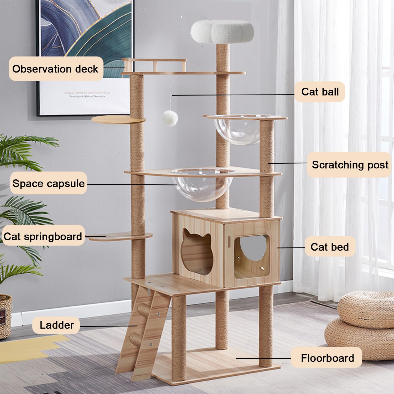Grand Arbre à Chat de 170 cm, avec 2 Capsules spatiales, 14 piliers en Jute, échelle, Grotte, Jouets pour Chat, Plateformes en Peluche, capacité de Charge 30 kg