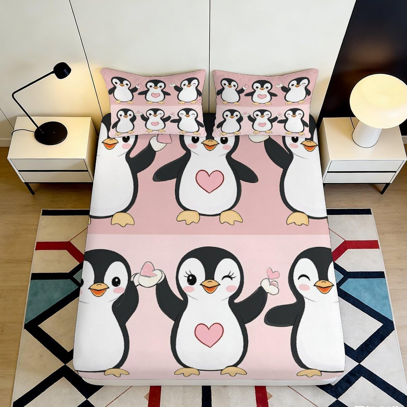 3D Printed Cute Penguin Fitted Sheet Microfiber Soft Pink Cartoon Bed Cover for Bedroom Guest Room Dorm Mattress Protection 90x200x25cm
