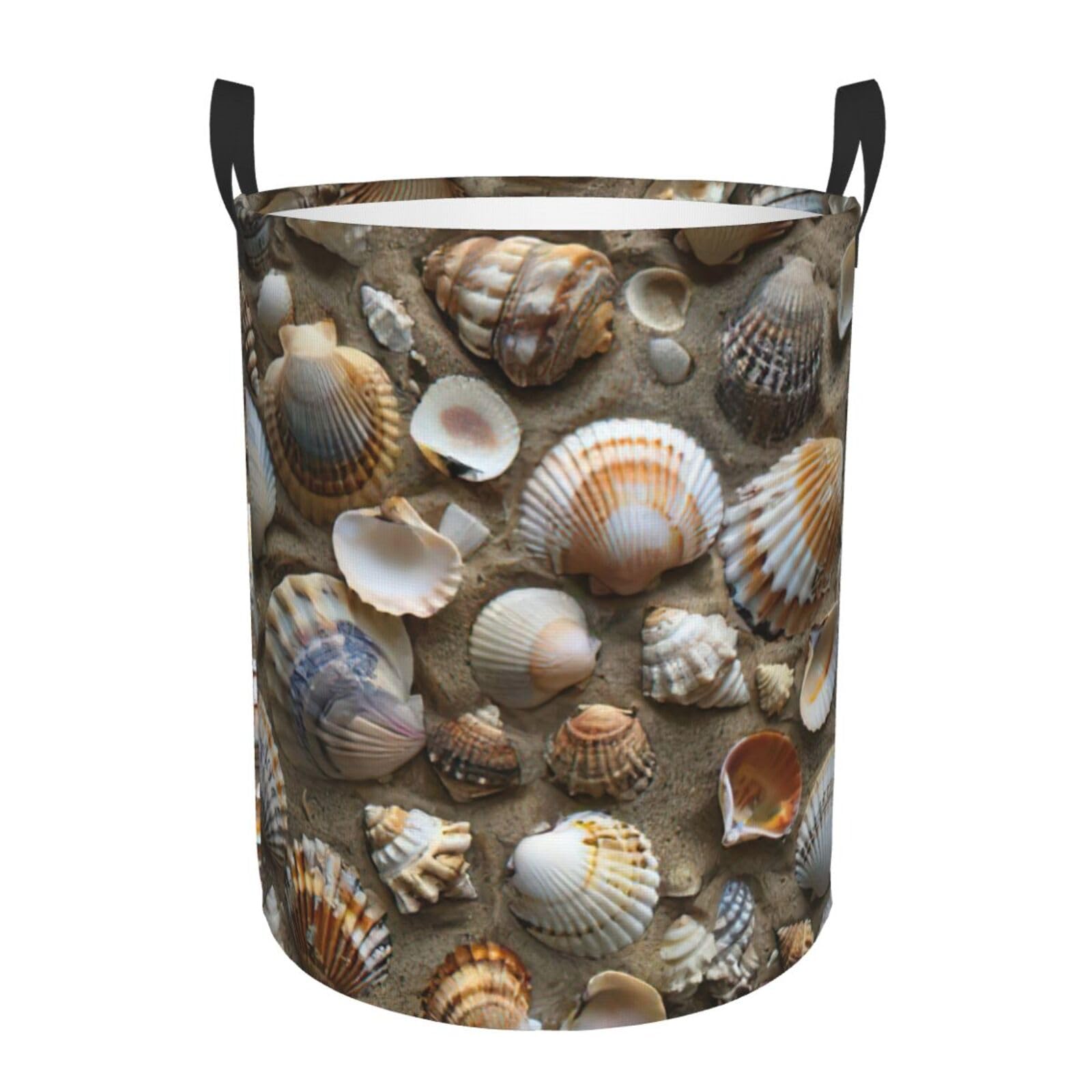 Panier à linge imprimé coquillages pour organiser les couvertures de lit