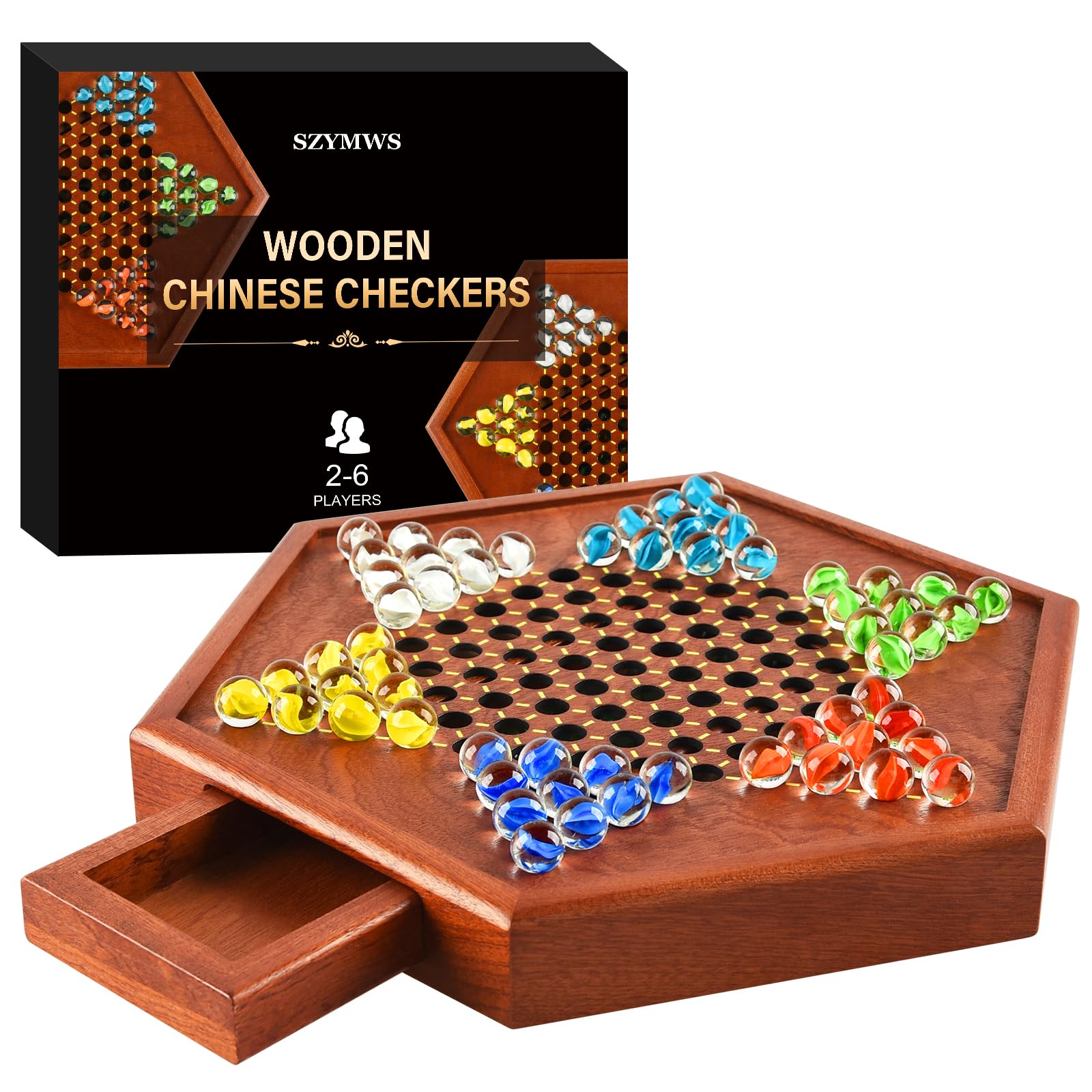 ALANGDUO Upgraded Wooden Chinese Checkers with Drawers | 12.7 Inches Wooden Board Game| Includes 60+12 Colorful Glass Marbles | Easy Grasping for Adults and Kids