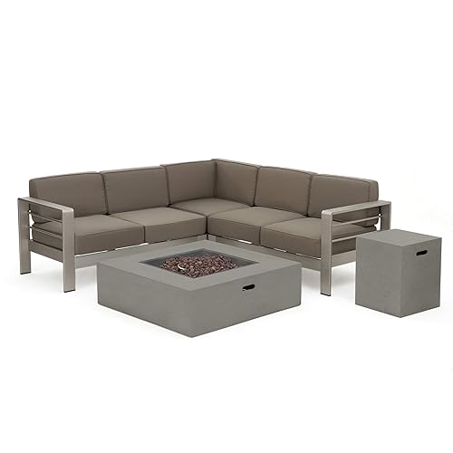 Cape Coral Outdoor V-Shaped Sofa set with Fire Table, Khaki