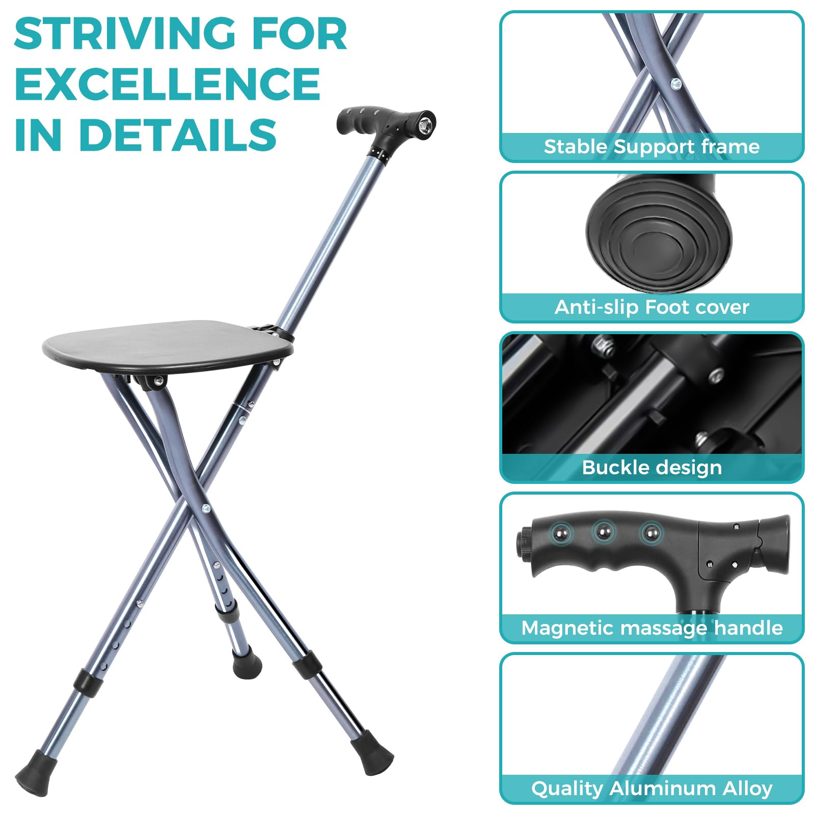 ENLUNTRA Bastone da passeggio pieghevole portatile regolabile con sedile, sedile per anziani, con manico magnetico massaggiante e LED, supporta fino a 150 kg