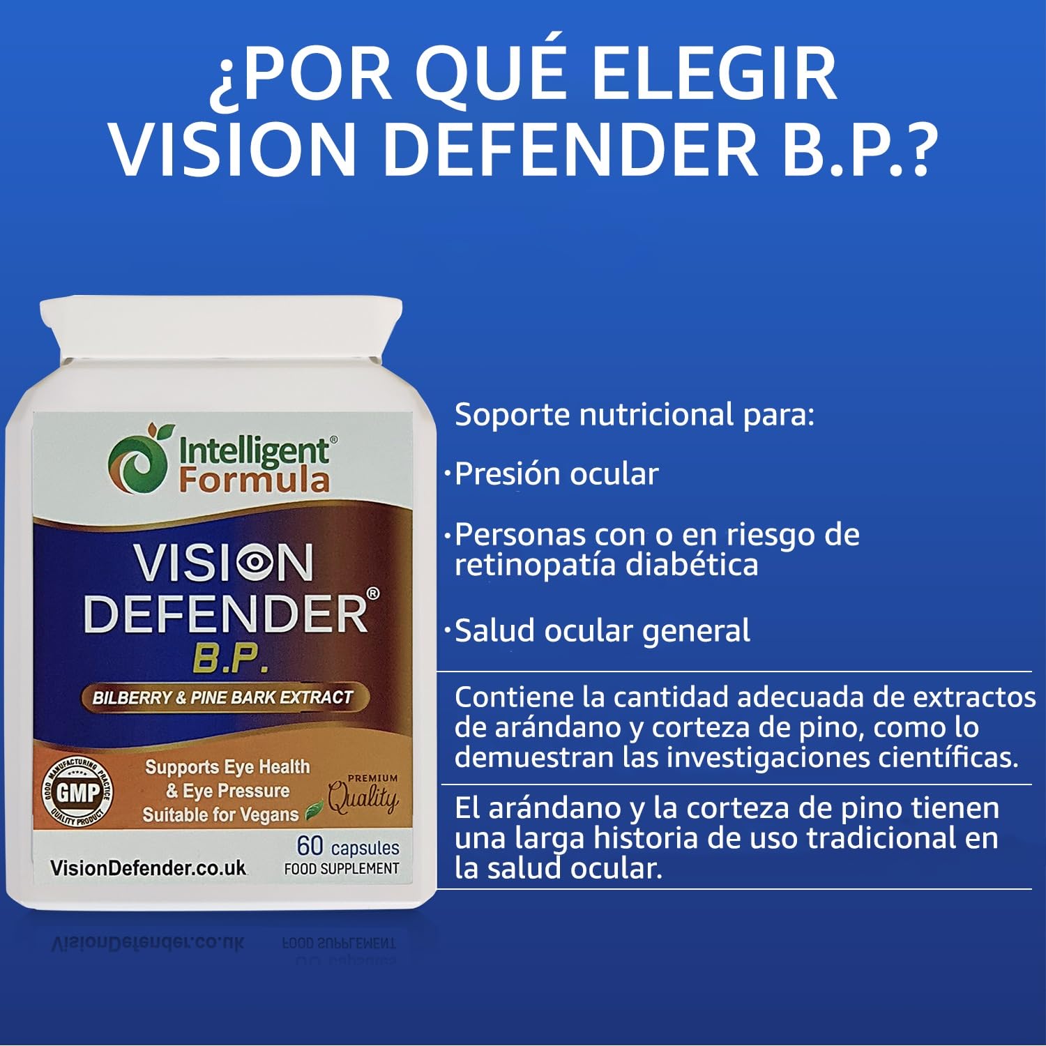 Suplemento de extracto de corteza de pino y arándano: VISION DEFENDER BP - Potentes antioxidantes naturales, antocianinas y procianidinas para la presión ocular y la salud ocular (60 cápsulas veganas)
