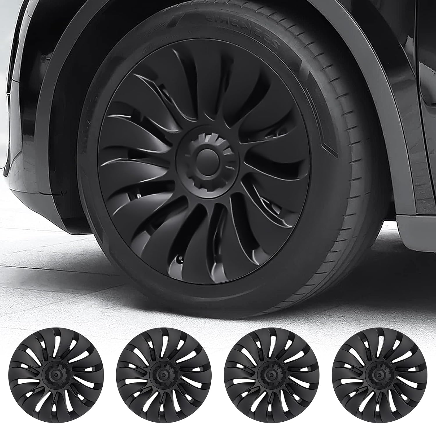Model Y Hubcaps - 19 Inch Gemini Wheel Covers 19'' Hurricane Wheel Hub Caps - Left-Right Aero Symmetry Design Kit Fit Model Y Accessories 2024-2021 (Matte Black - 4 Pack) 19inch Model Y 19'' Symmetry-Hurricane